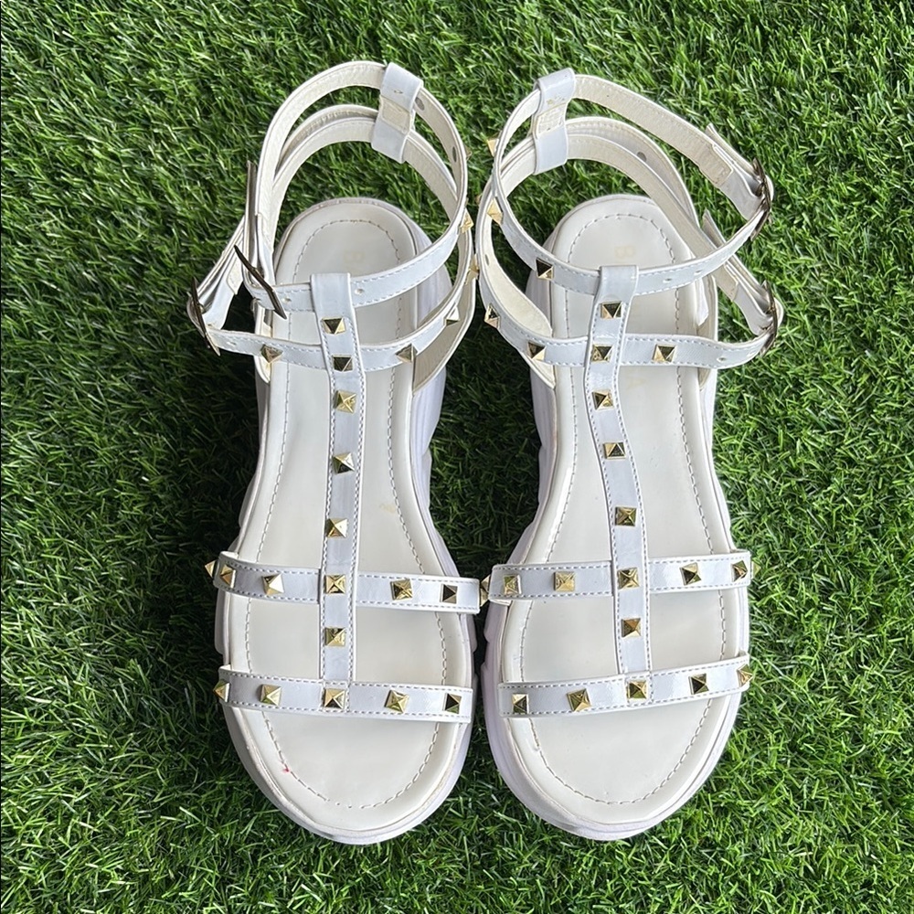 White Gladiator Style Sandals with Gold Stud Accents size 9